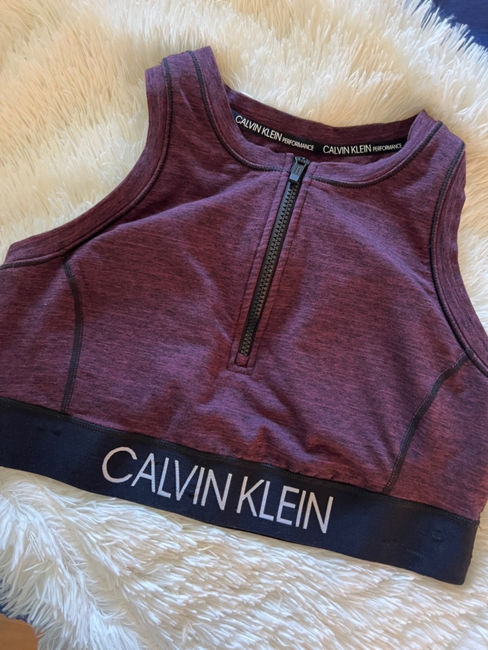 Calvin Klein Heathered Plum Front-Zip Performance Workout Crop~Large